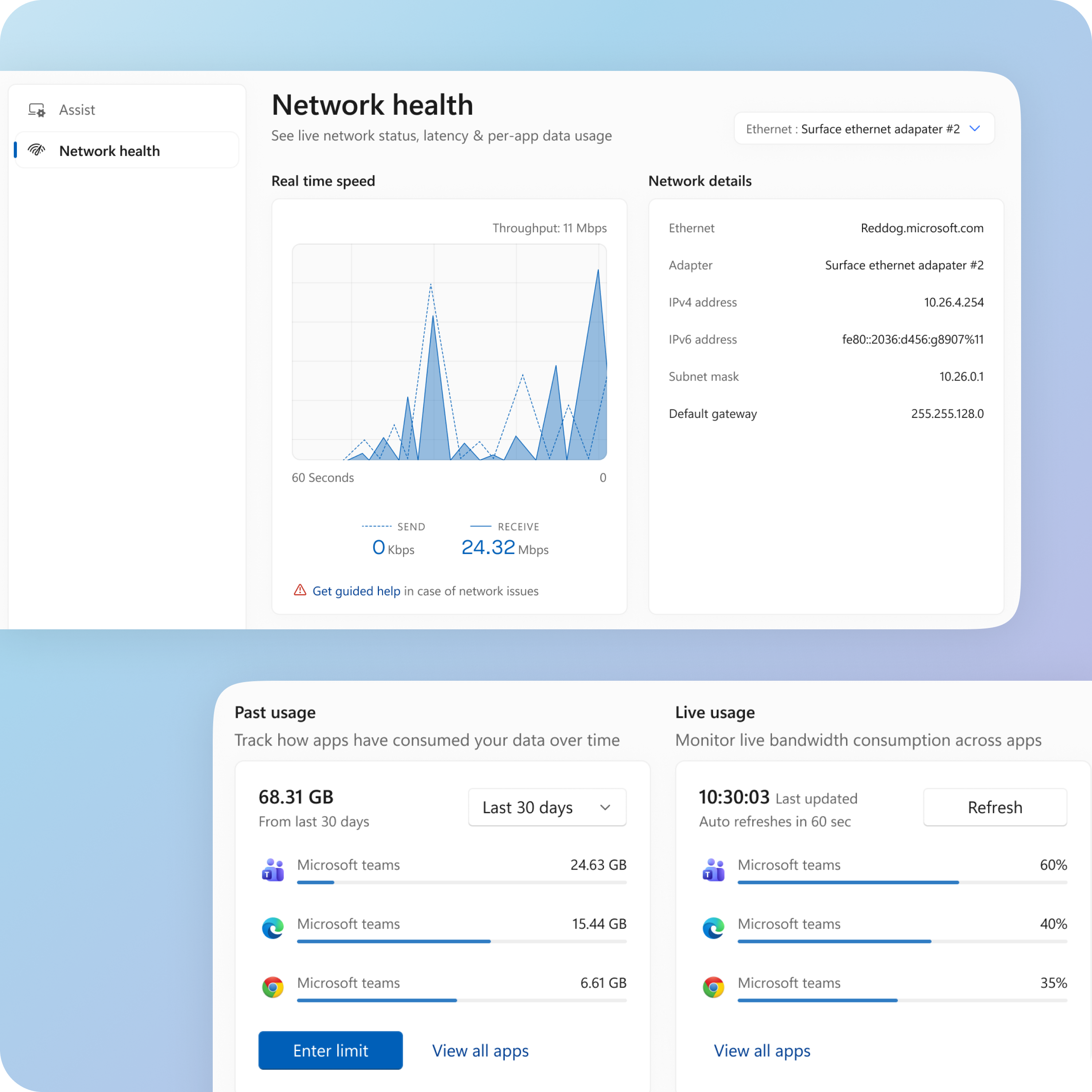 Network health preview showing real time speed, network details, past usage, and live per-app bandwidth usage