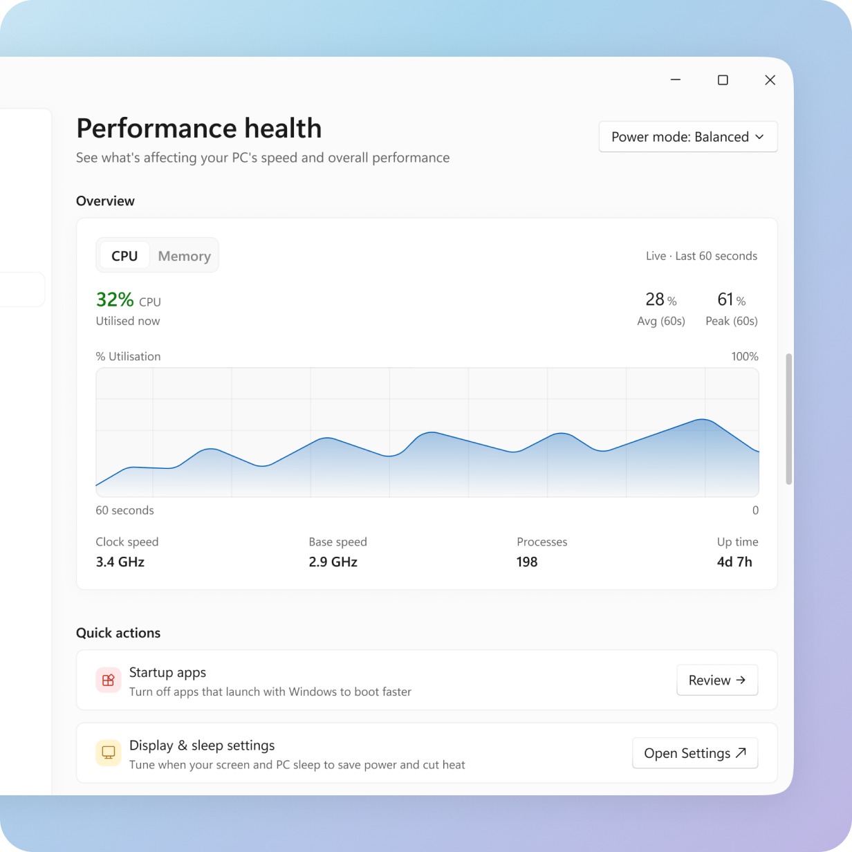 Performance health preview showing CPU utilization and quick actions