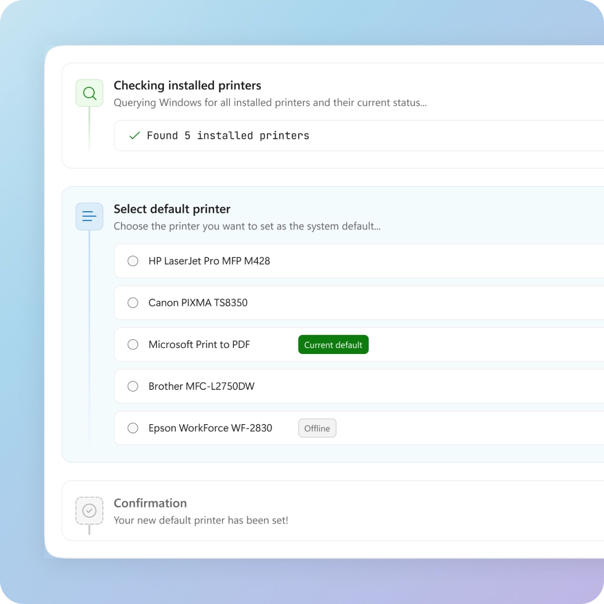 Printer setup preview showing default printer selection