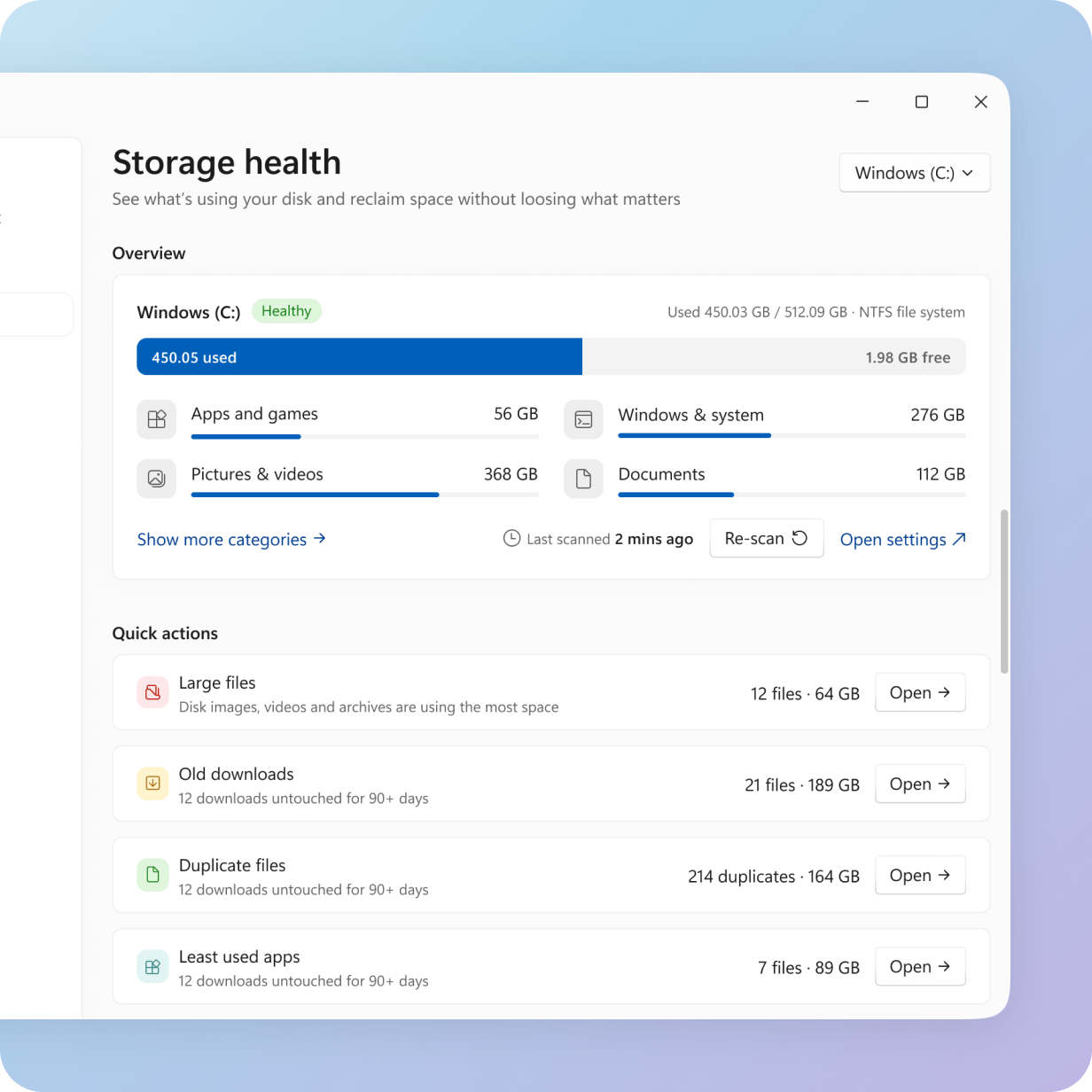 Storage health preview showing drive usage, storage categories, and cleanup actions
